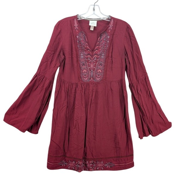 KNOX ROSE Women's Dress Embroidered Burgundy Boho Flare Sleeve Tunic Rayon Sz XS - Picture 1 of 11